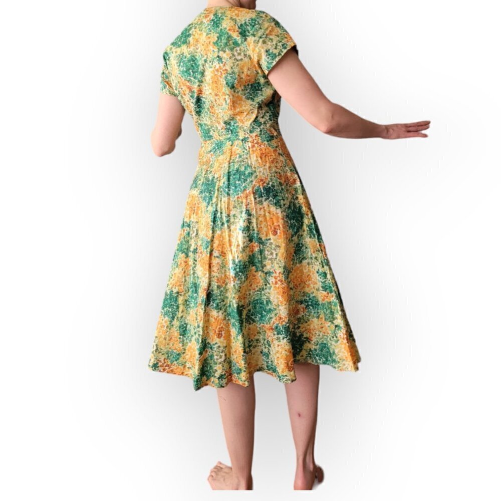 Vintage 1960s 1970s Floral Dress Green Orange Yellow Mad Men S/M Retro Outfit - Picture 3 of 15